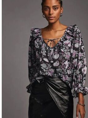 NEW Anthropologie Black Floral Tie-Neck Blouse with Lavender Accents